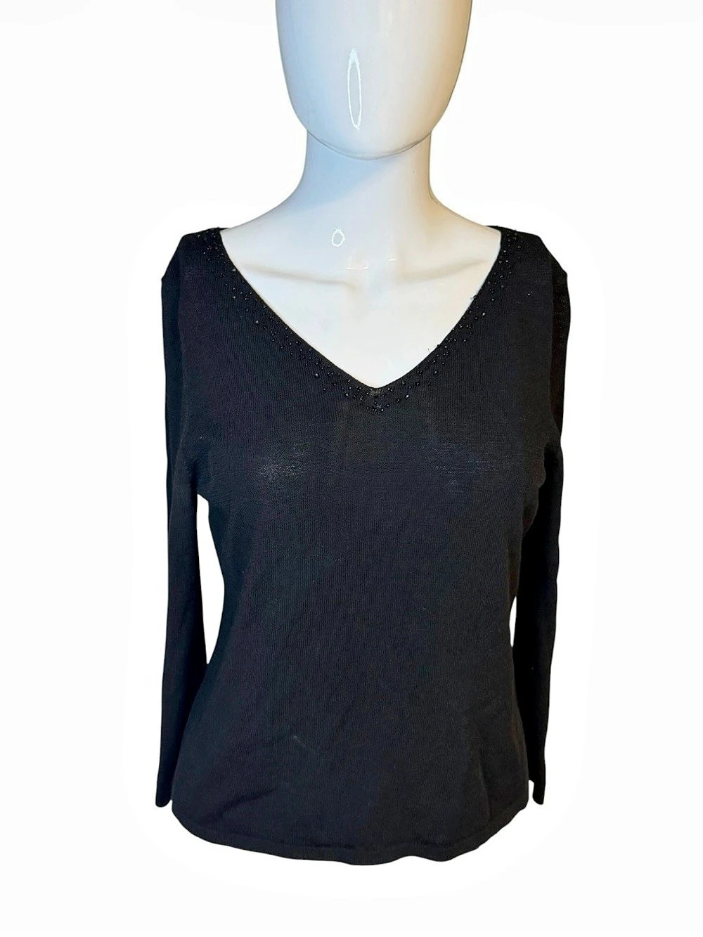 Eileen Fisher Beaded V-Neck Top in Black Small